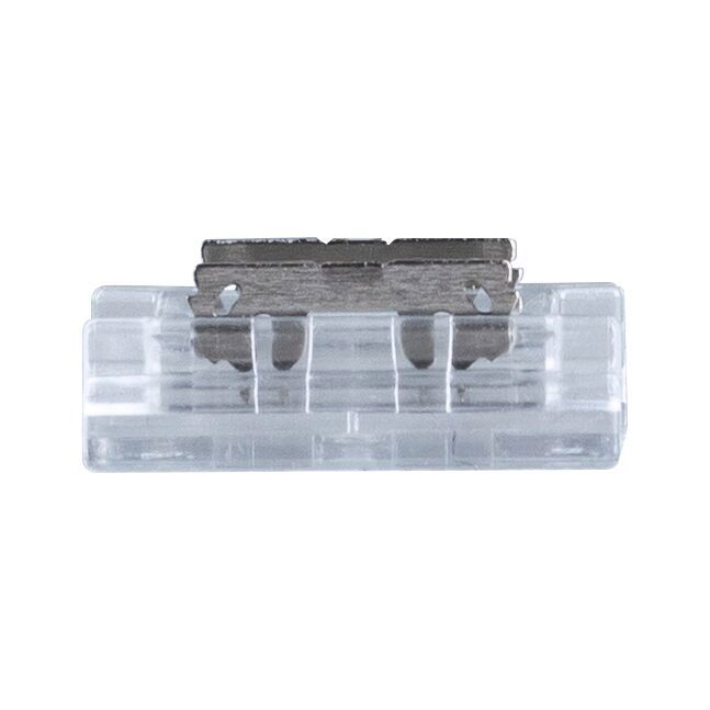 Petit composant en plastique transparent avec clip métallique pour connexions électriques