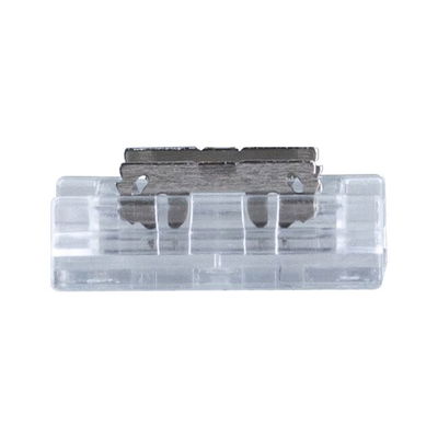 Small transparent plastic component with metal clip for electrical connections