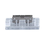 Small transparent plastic component with metal clip for electrical connections