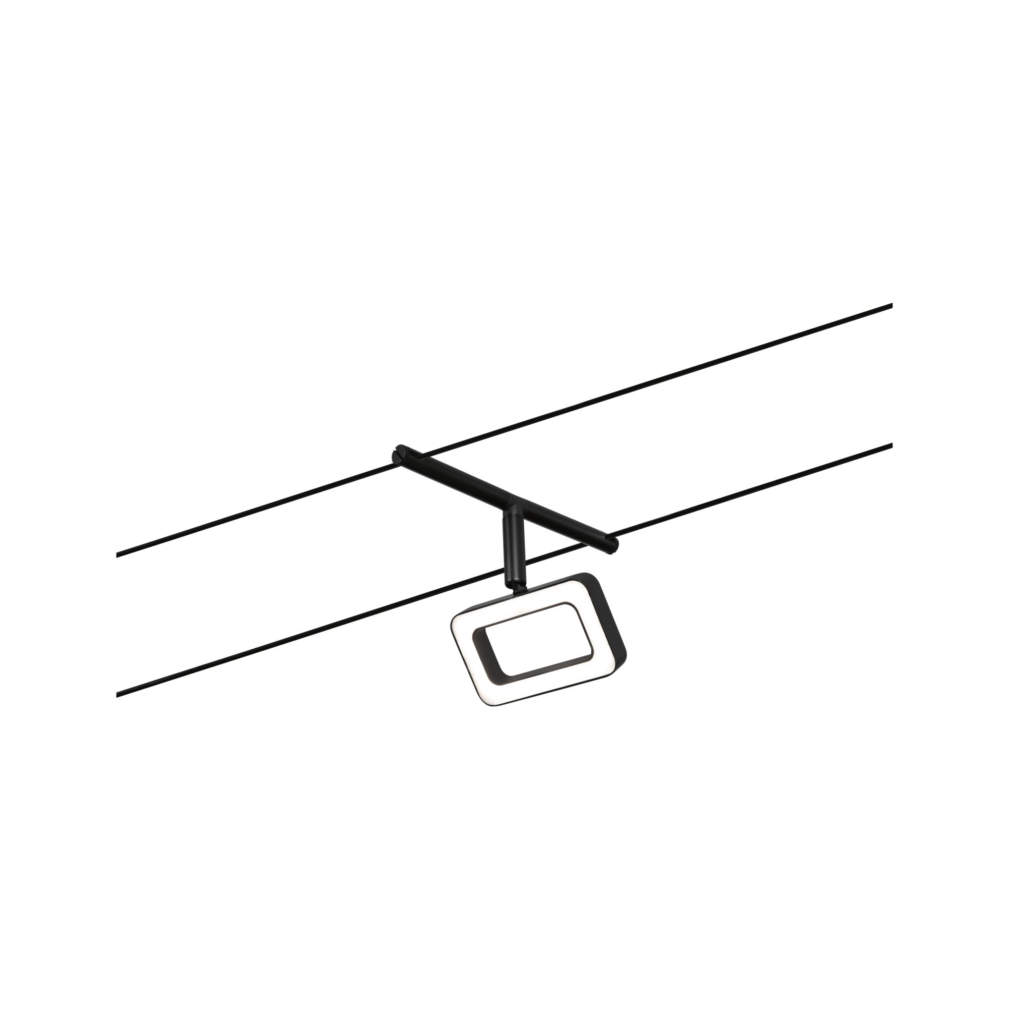 Zwarte LED-kabelhanglamp met rechthoekig licht en modern ontwerp voor woonruimtes.
