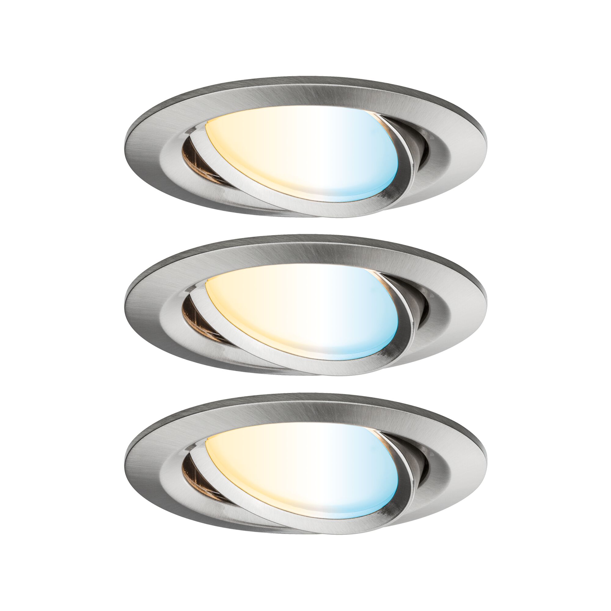 Three round recessed spotlights in brushed stainless steel with adjustable warm and cool white light