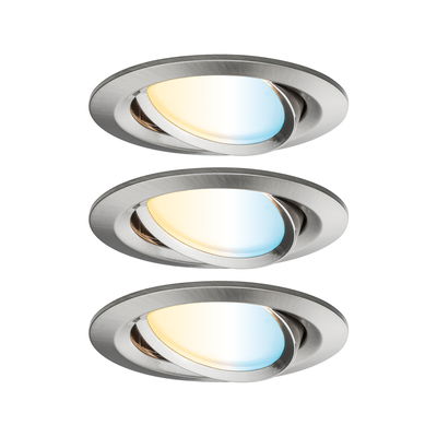 Three round recessed spotlights in brushed stainless steel with adjustable warm and cool white light