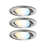 Three round recessed spotlights in brushed stainless steel with adjustable warm and cool white light