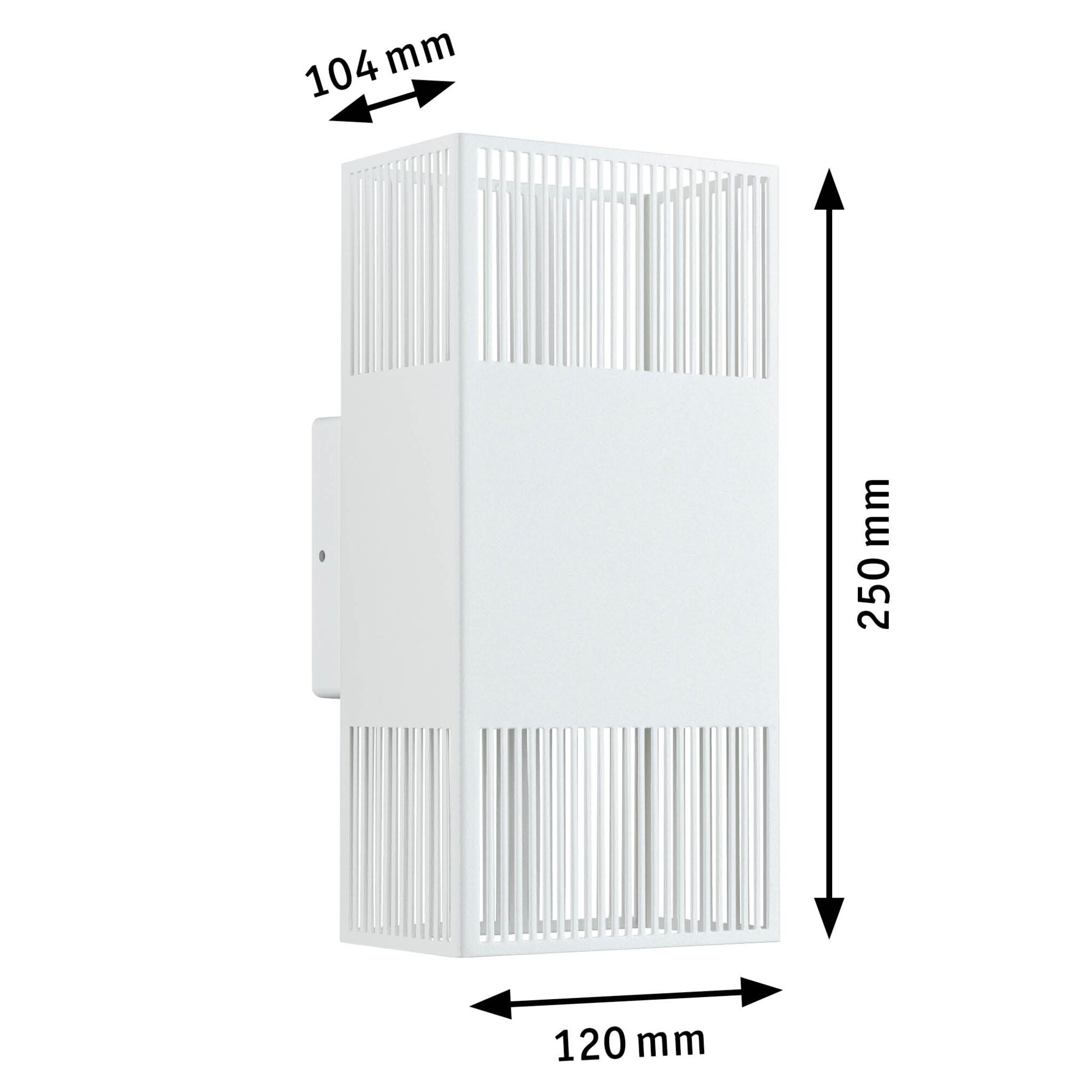 Weißer rechteckiger Metall-Wandleuchter mit Lamellen und Maßen 250x120x104 mm für LED-Beleuchtung