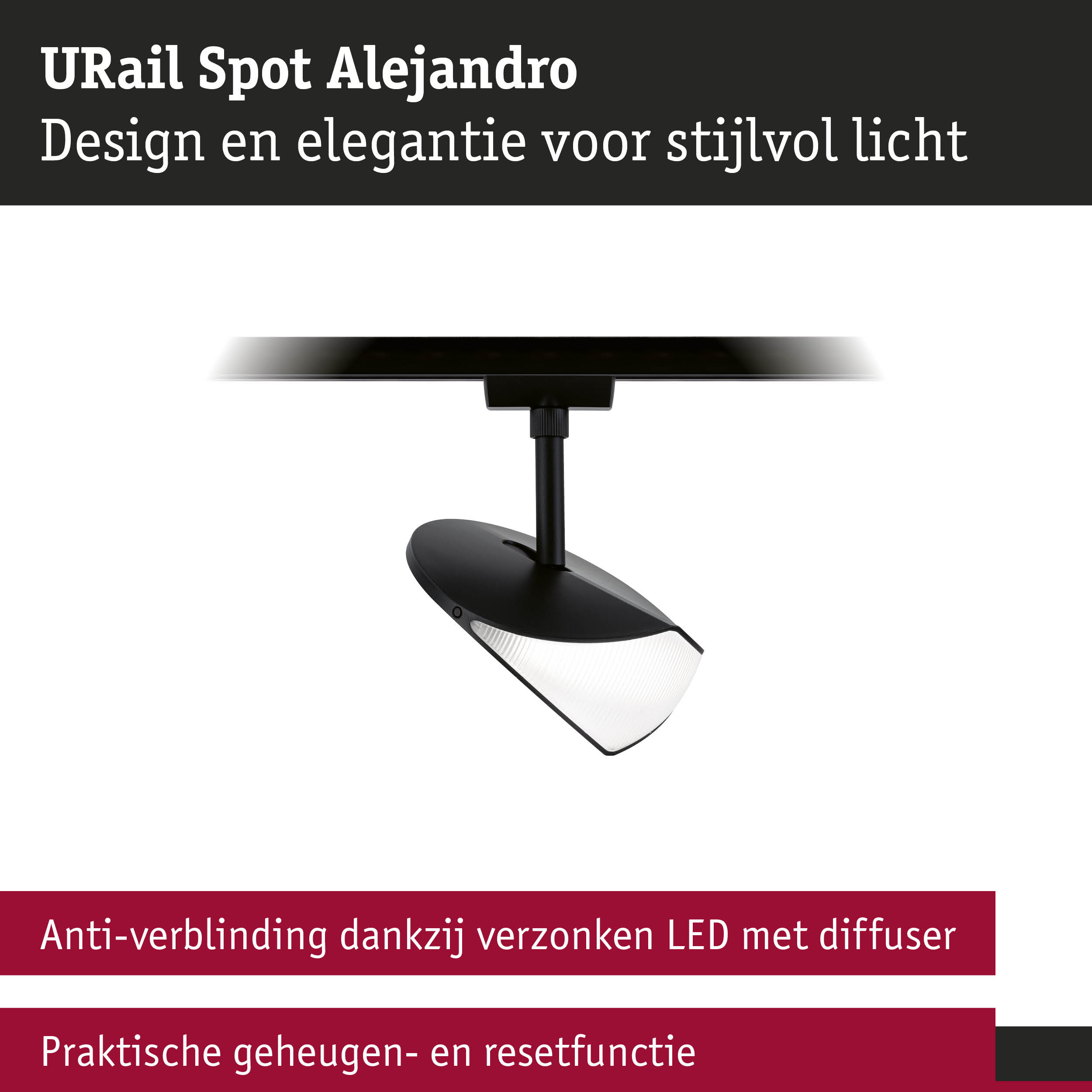 Zwarte URail Spot Alejandro met LED-diffuser voor stijlvol, anti-verblindend licht en resetfunctie