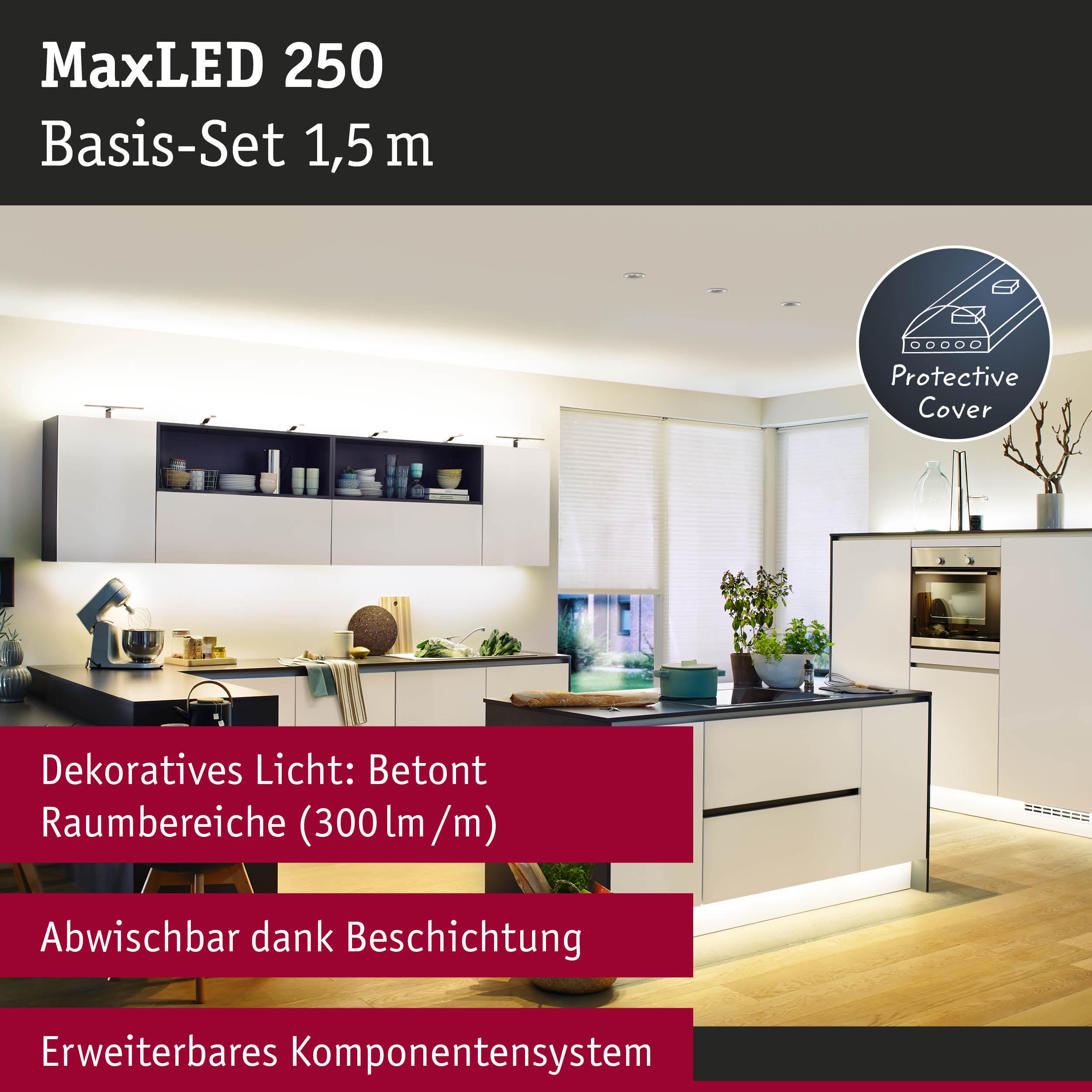 MaxLED 250 Basis-Set 1,5 m mit weißem LED-Lichtband in moderner Küche, dekorative Beleuchtung