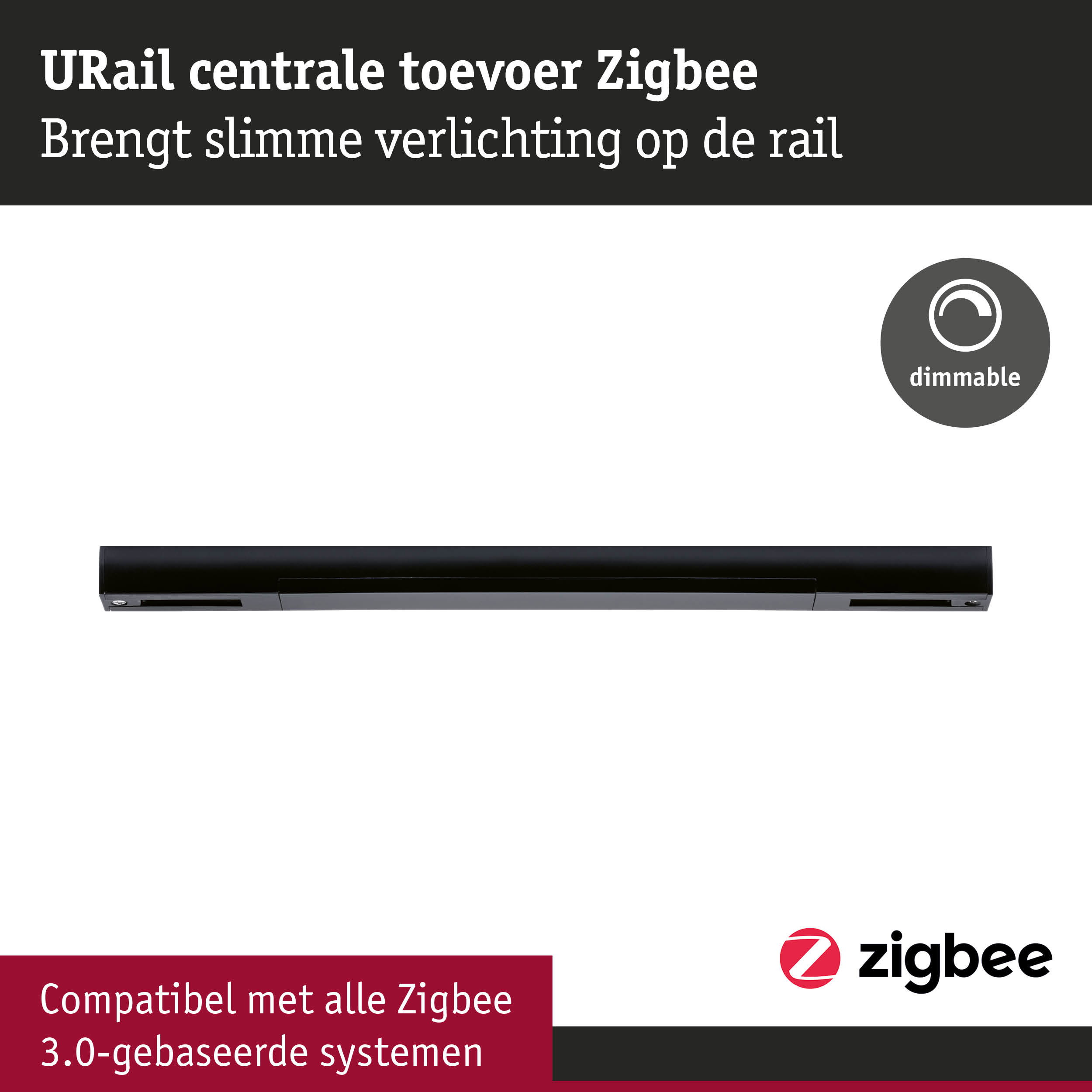 Zwarte URail Zigbee centrale voor slimme dimbare railsystemen, compatibel met Zigbee 3.0