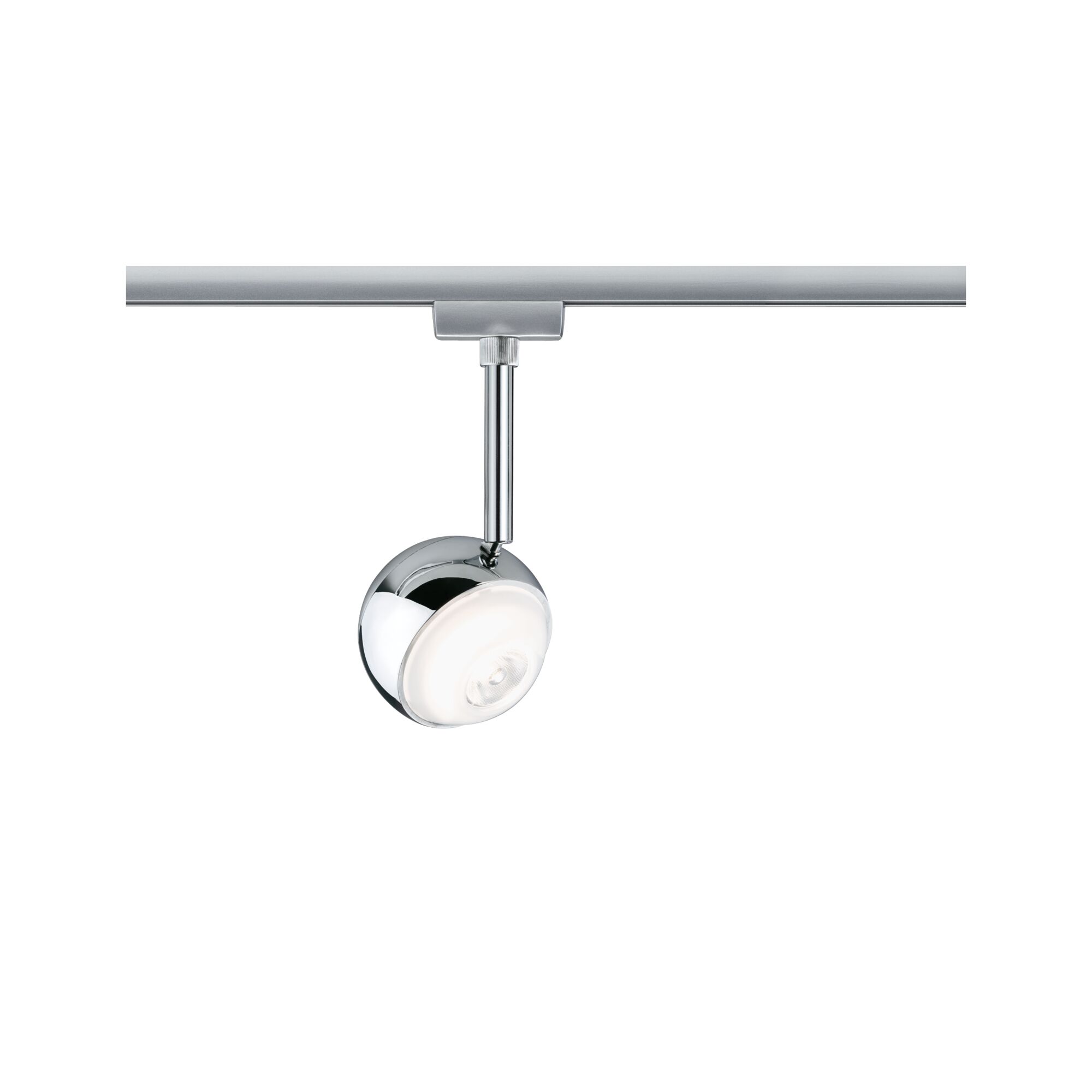 Moderner LED-Strahler in Chrom mit runder Leuchte am Schienensystem für flexible Raumbeleuchtung