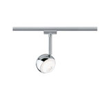 Moderner LED-Strahler in Chrom mit runder Leuchte am Schienensystem für flexible Raumbeleuchtung