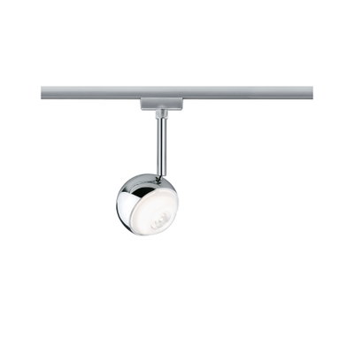 Moderner LED-Strahler in Chrom mit runder Leuchte am Schienensystem für flexible Raumbeleuchtung