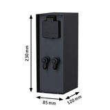 Black outdoor metal socket with IP44 protection and two outlets, dimensions 230x85x120 mm