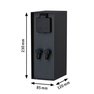 Black outdoor metal socket with IP44 protection and two outlets, dimensions 230x85x120 mm