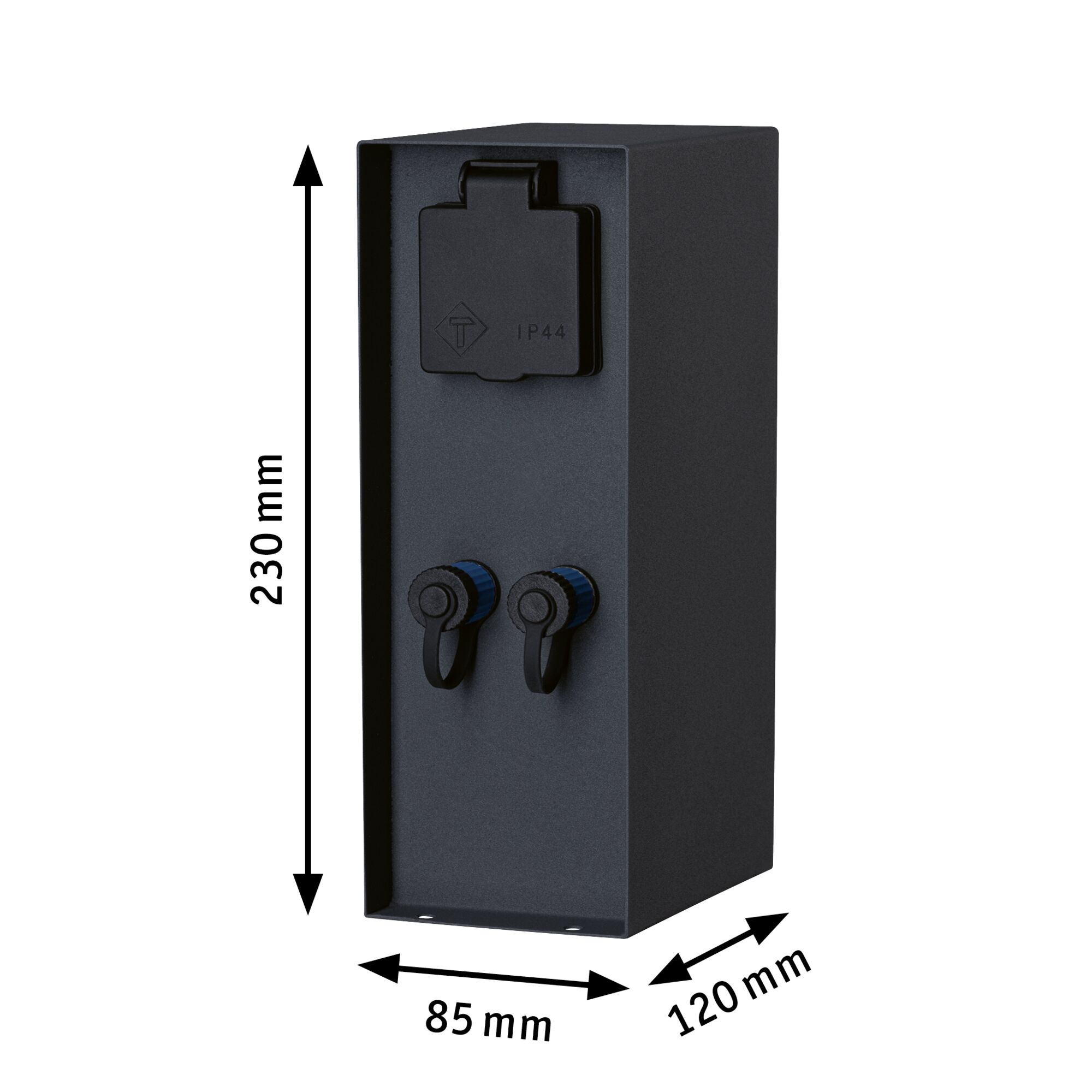 Zwarte metalen buitenstekker met IP44 bescherming en twee stopcontacten, afmetingen 230x85x120 mm