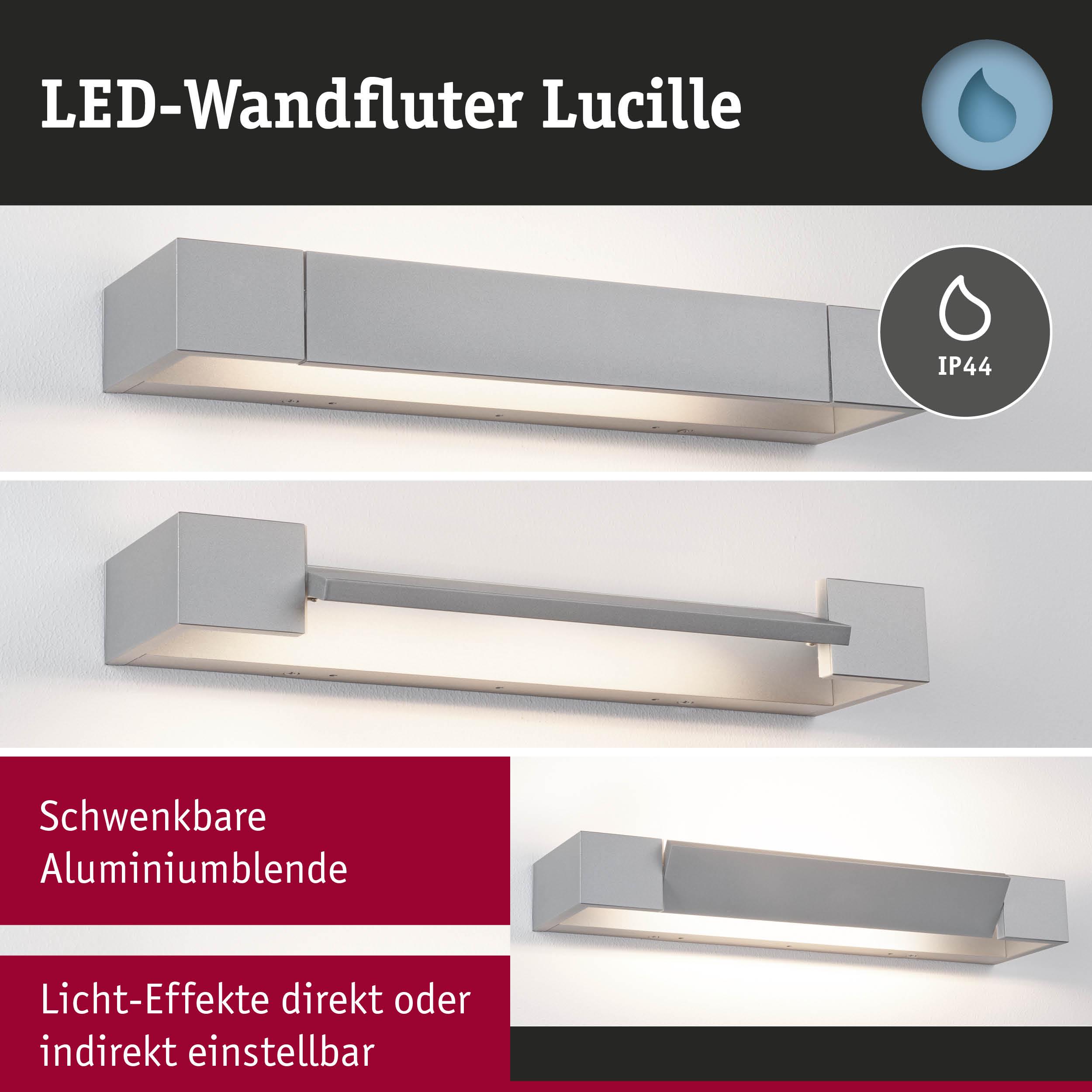 LED-Wandfluter Lucille aus silbernem Aluminium mit IP44 Schutz und einstellbaren Licht-Effekten