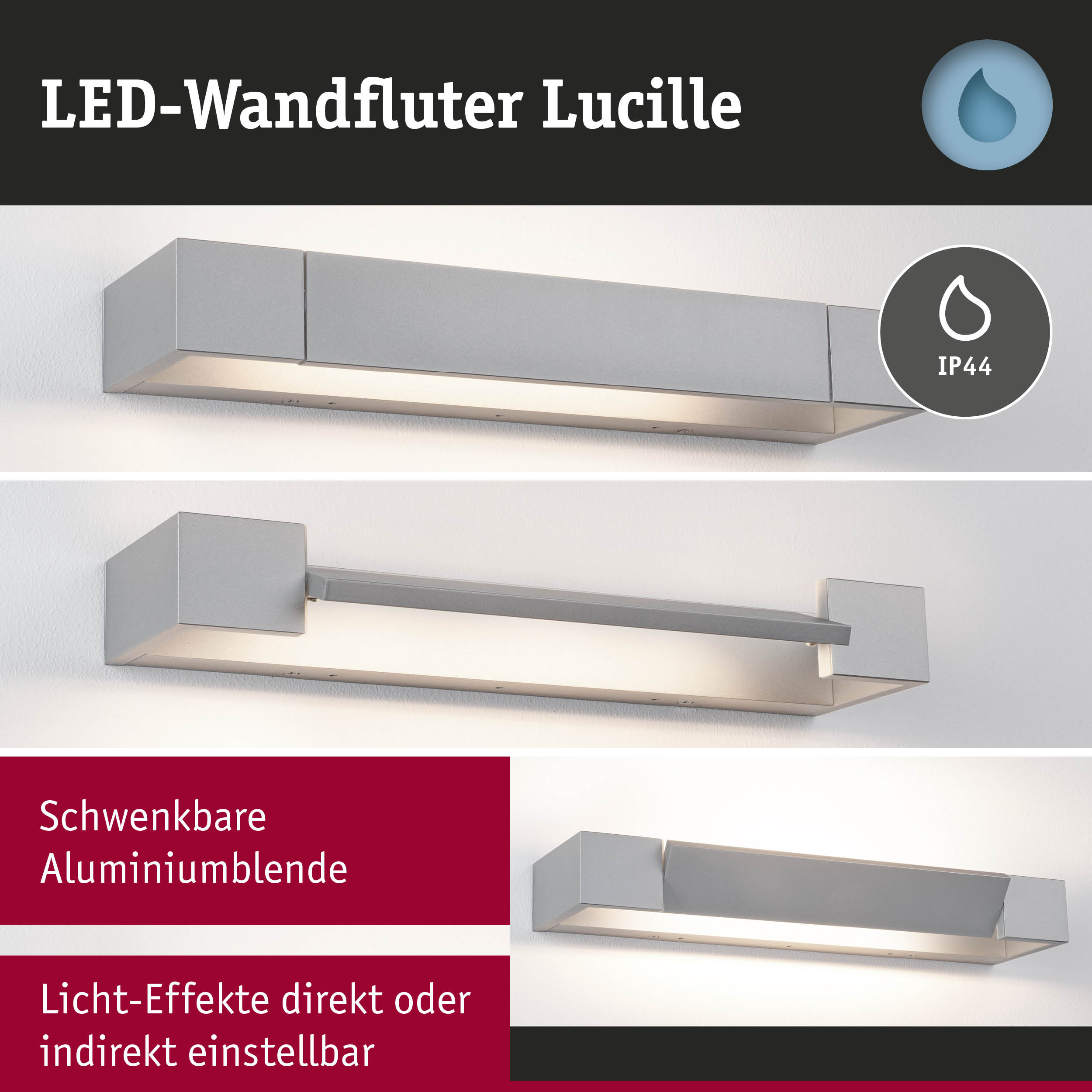 LED-Wandfluter Lucille aus grauem Aluminium mit IP44 Schutz für Badezimmerbeleuchtung