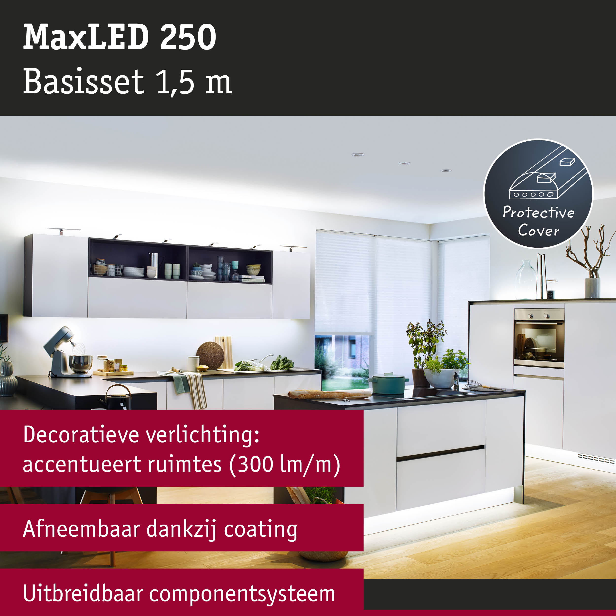 Moderne witte keuken met MaxLED 250 LED-basisset 1,5 m voor decoratieve verlichting en uitbreidbaar systeem