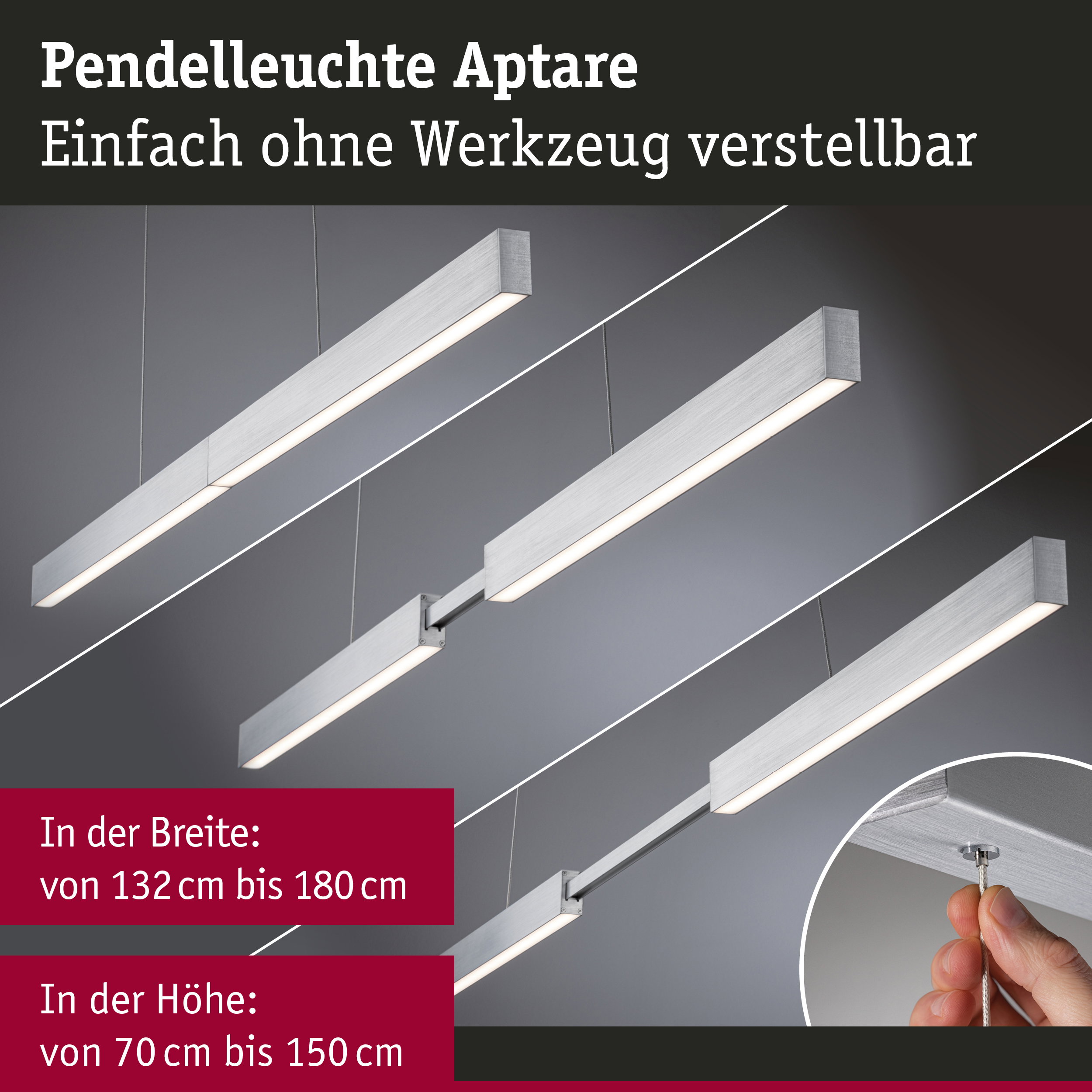 Pendelleuchte Aptare aus gebürstetem Aluminium in Silber, höhenverstellbar ohne Werkzeug