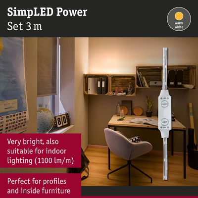 SimpLED Power 3m warm white LED strip light, bright indoor lighting perfect for furniture and profile illumination