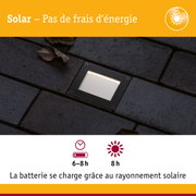 Éclairage LED au sol noir solaire sur pavé foncé avec indication du temps de charge