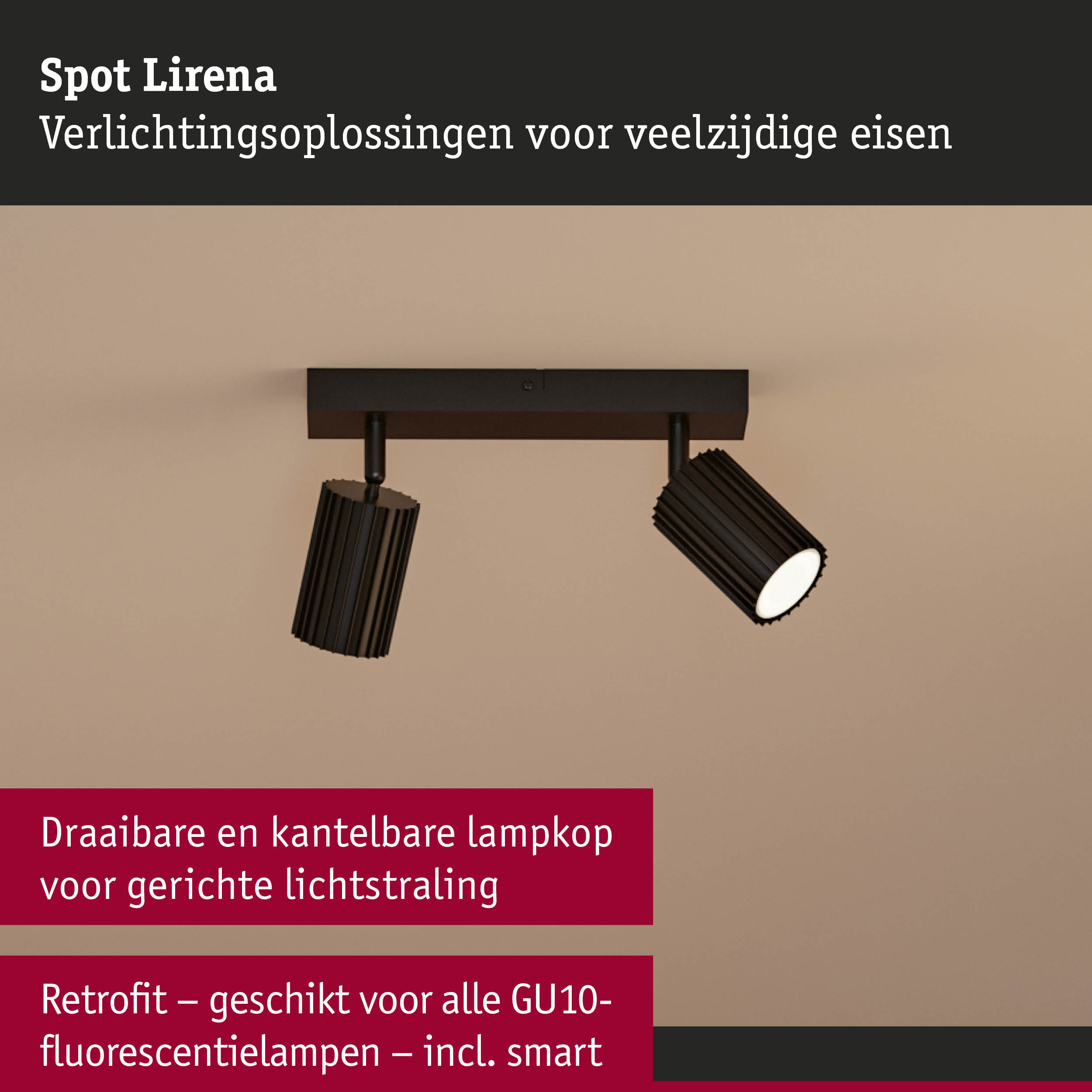 Zwarte spot Lirena met draaibare en kantelbare lampkoppen voor gerichte lichtstraling