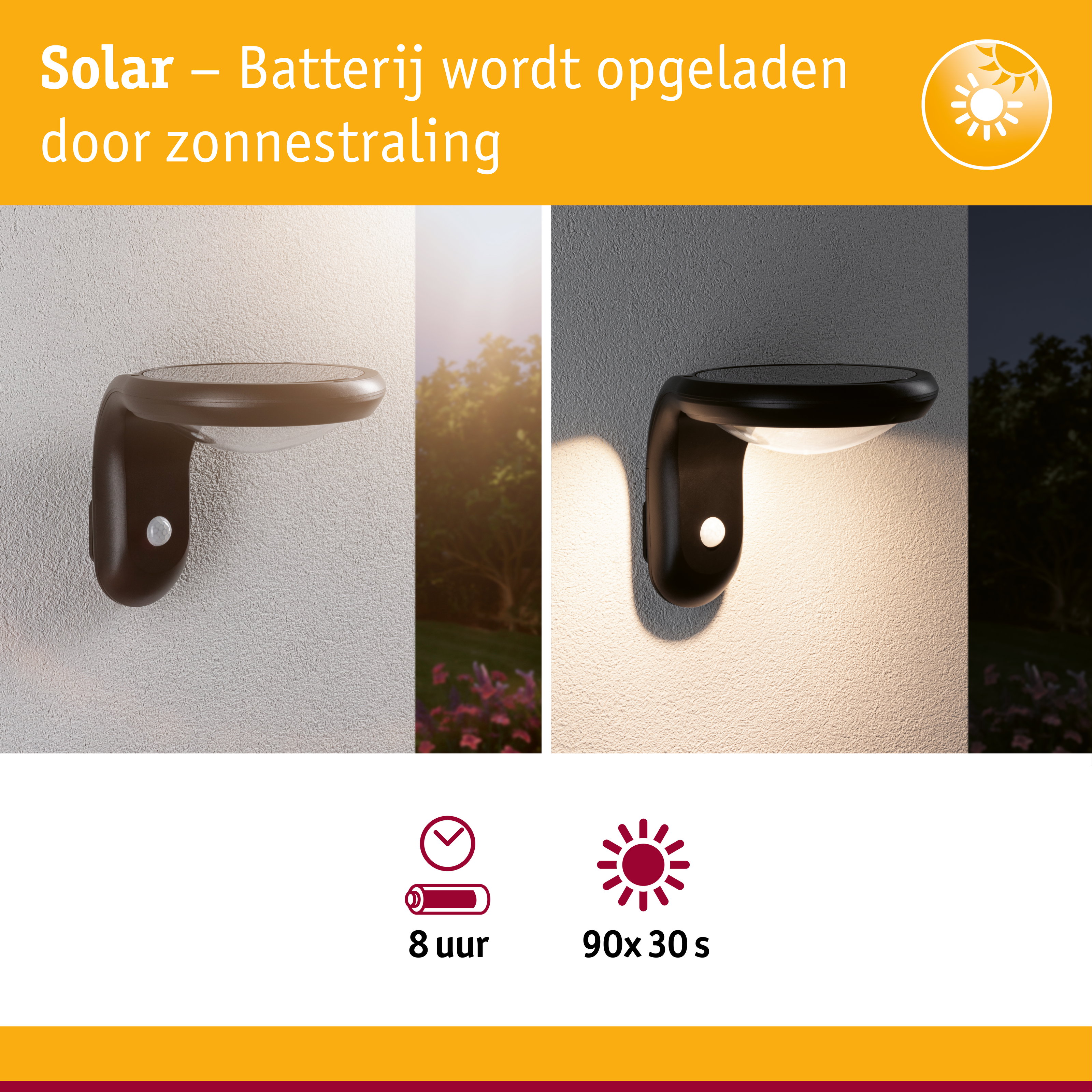 Zwarte kunststof solar wandlamp met bewegingssensor, dag- en nachtzicht, energiezuinige buitenverlichting