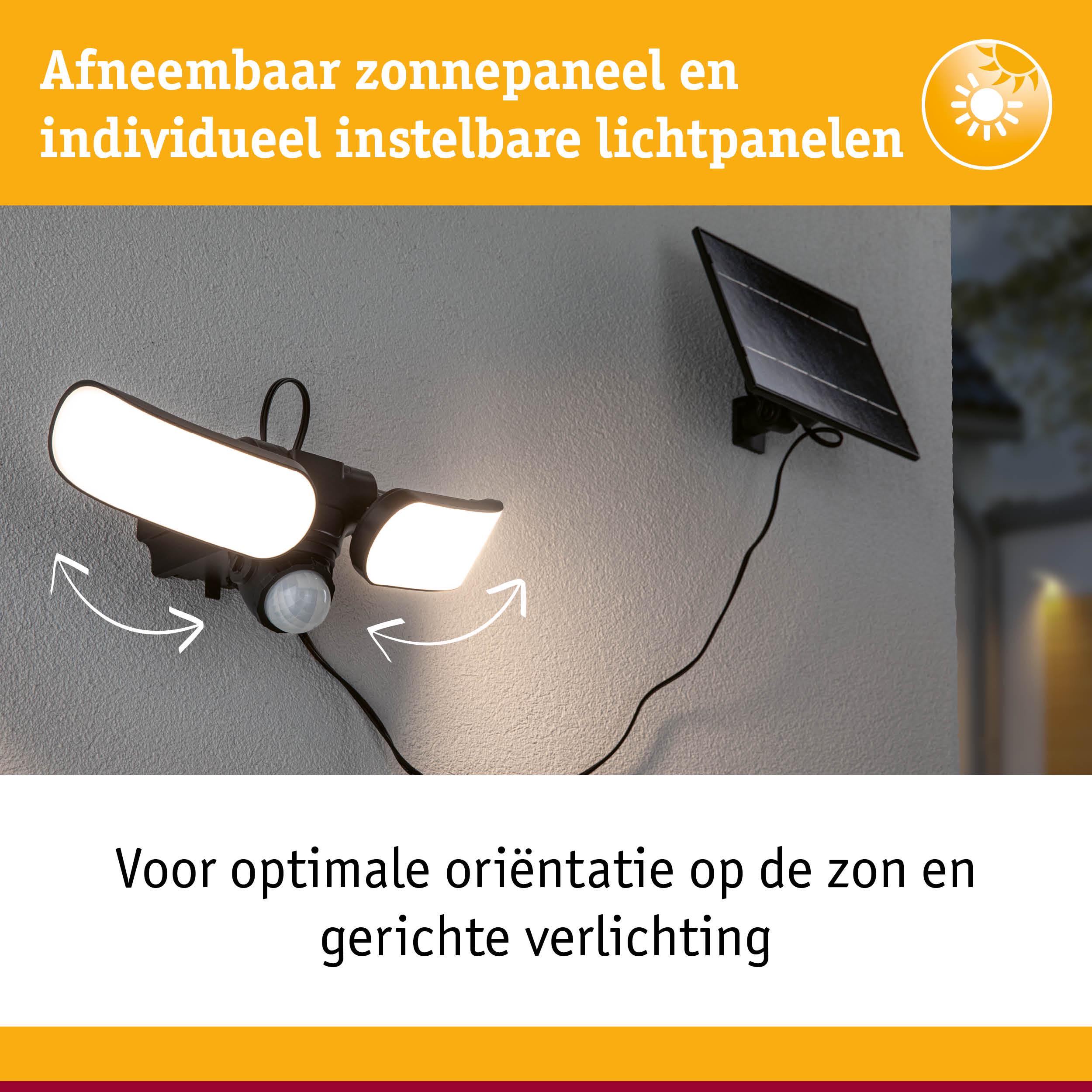 Zwarte LED-buitenlamp met afneembaar zonnepaneel en verstelbare lichtpanelen voor gerichte verlichting