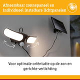 Zwarte LED-buitenlamp met afneembaar zonnepaneel en verstelbare lichtpanelen voor gerichte verlichting