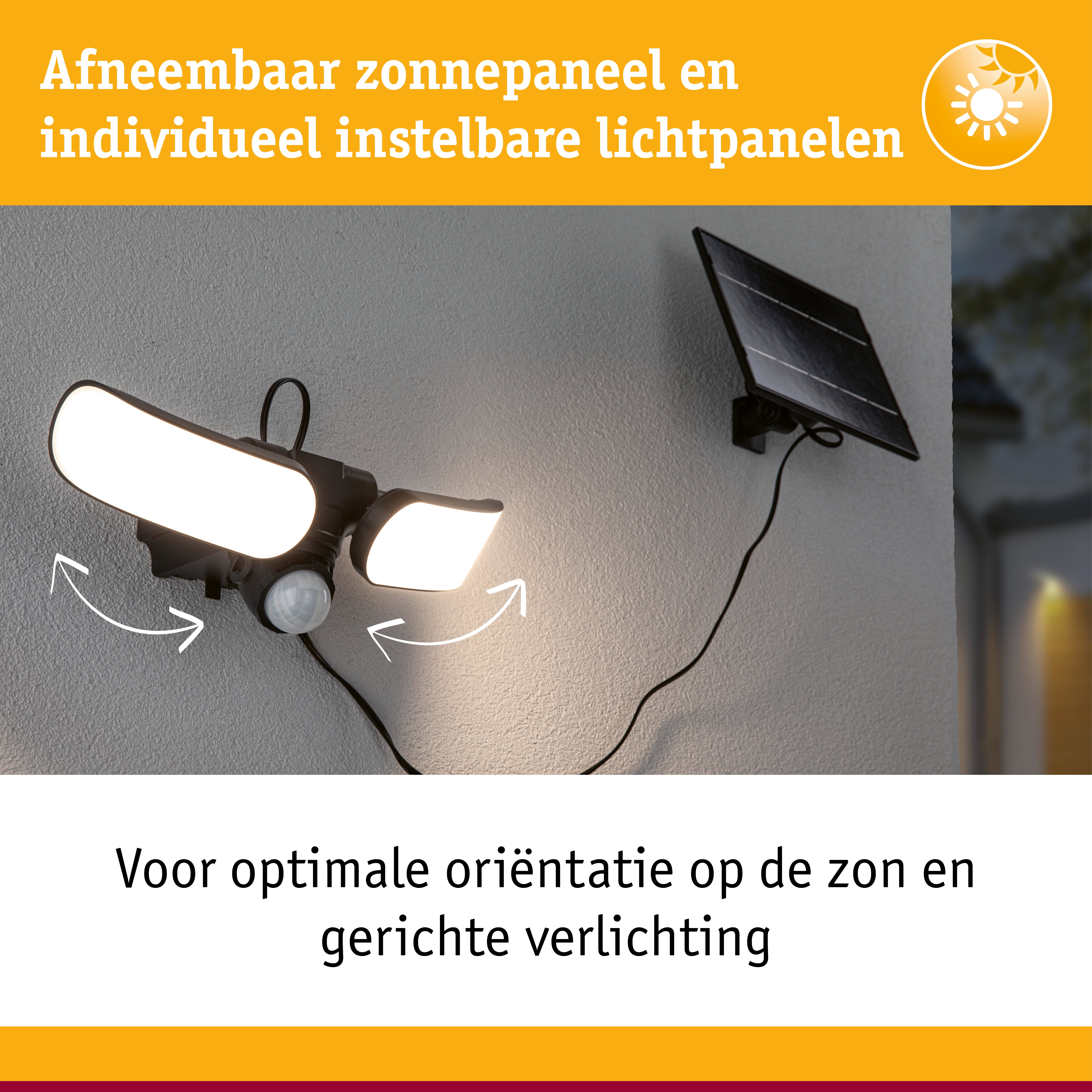 Zwarte solarverlichting met drie verstelbare LED-panelen en bewegingssensor voor buitengebruik