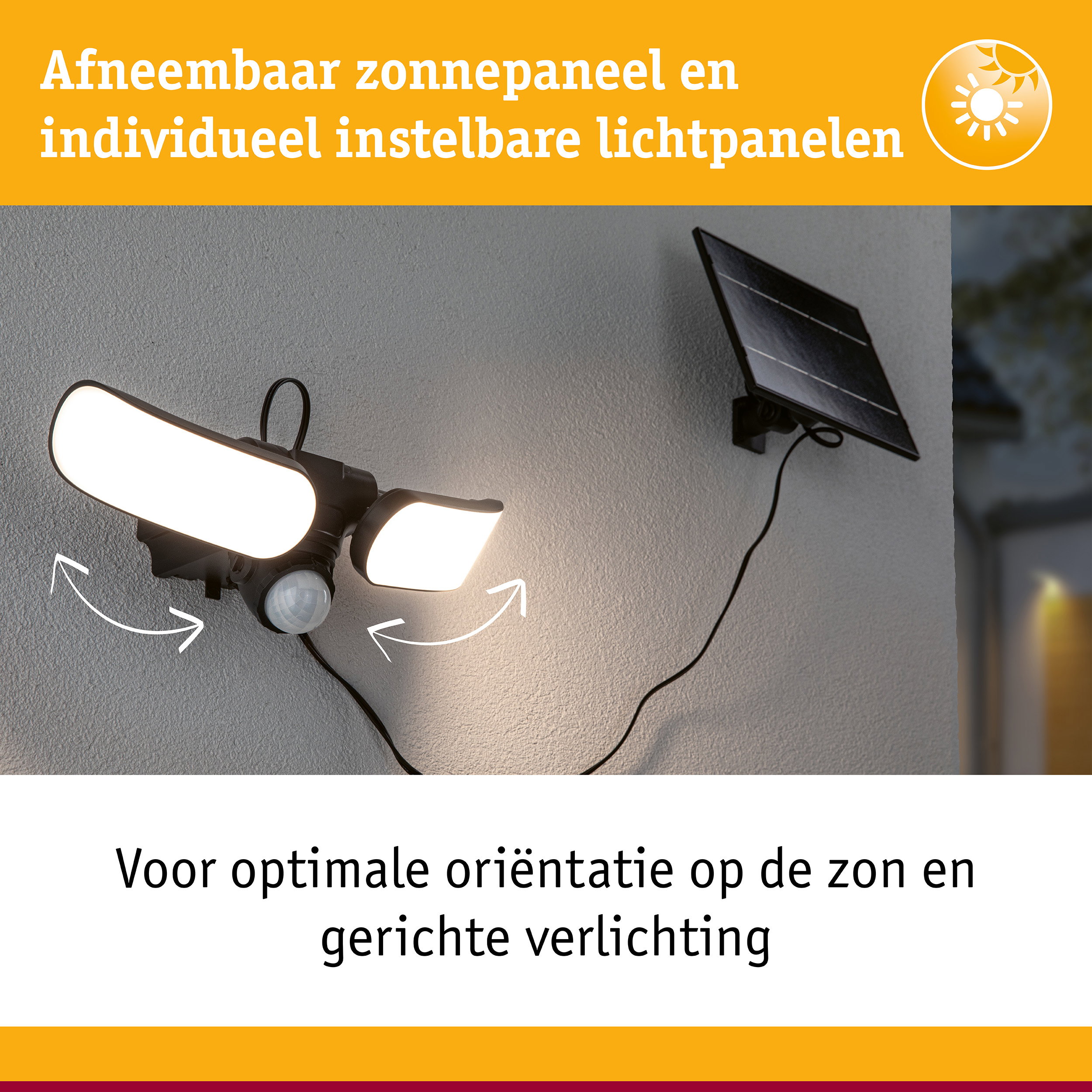 Zwarte solarverlichting met drie verstelbare LED-panelen en bewegingssensor voor buitengebruik