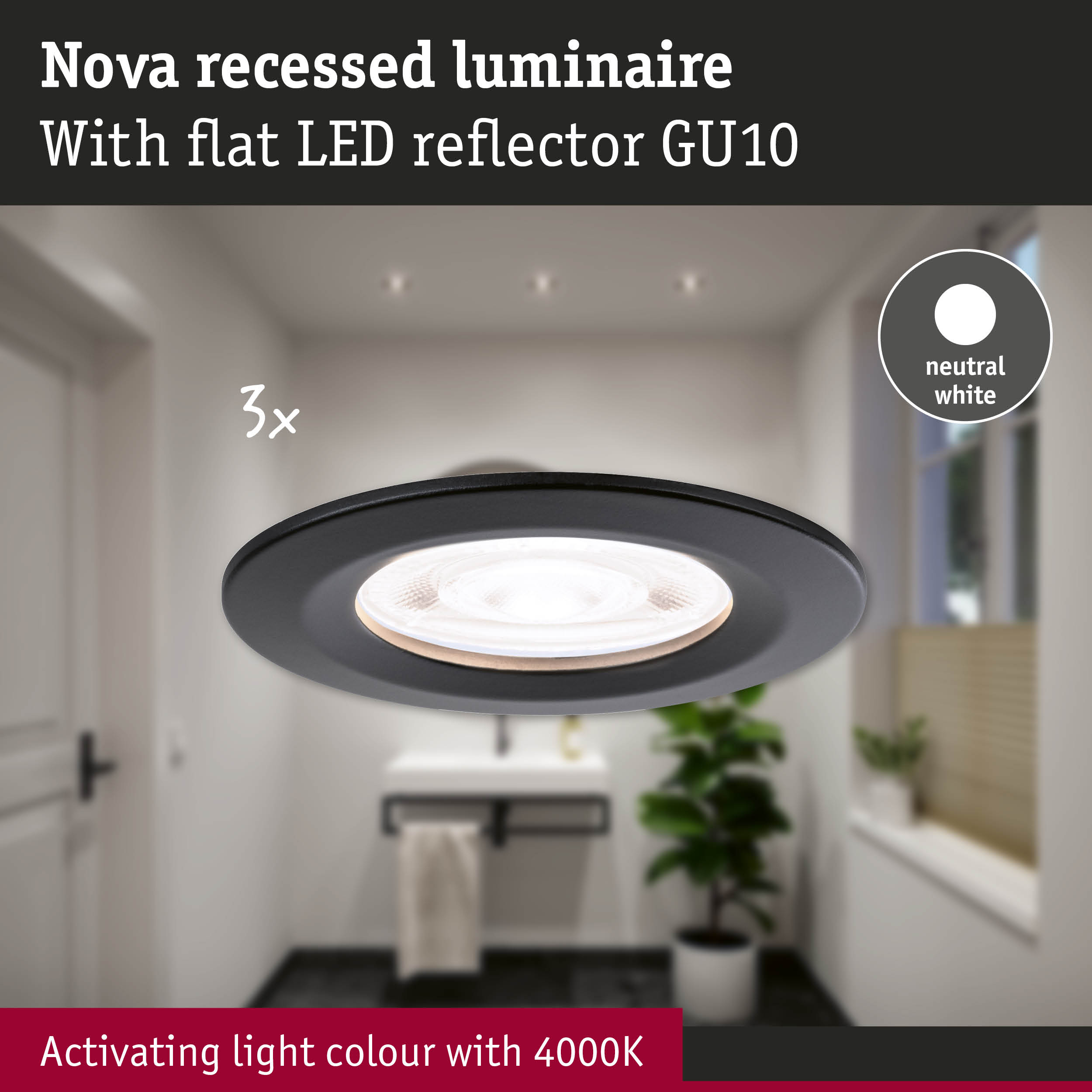 Black Nova recessed luminaire with flat LED reflector GU10 and neutral white 4000K light