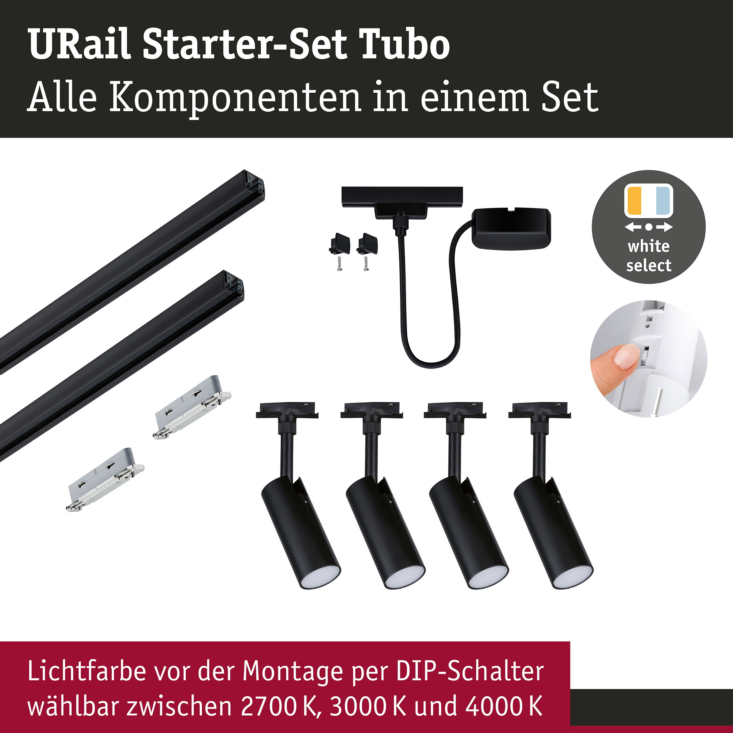 URail Schienenspot Tubo Starterset Kabeleinspeisung 4x4W 230V Schwarz matt