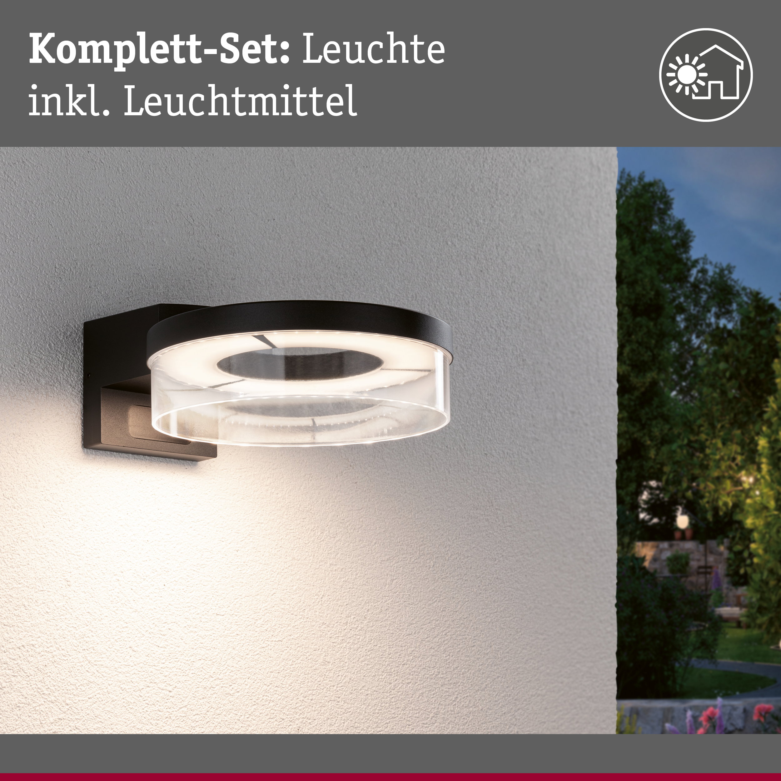 Moderne schwarze Außenwandleuchte mit rundem Glas und integriertem LED-Licht für Gartenbeleuchtung