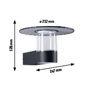 Modern black wall outdoor light with round diffuser measuring 247x128 mm for exterior lighting