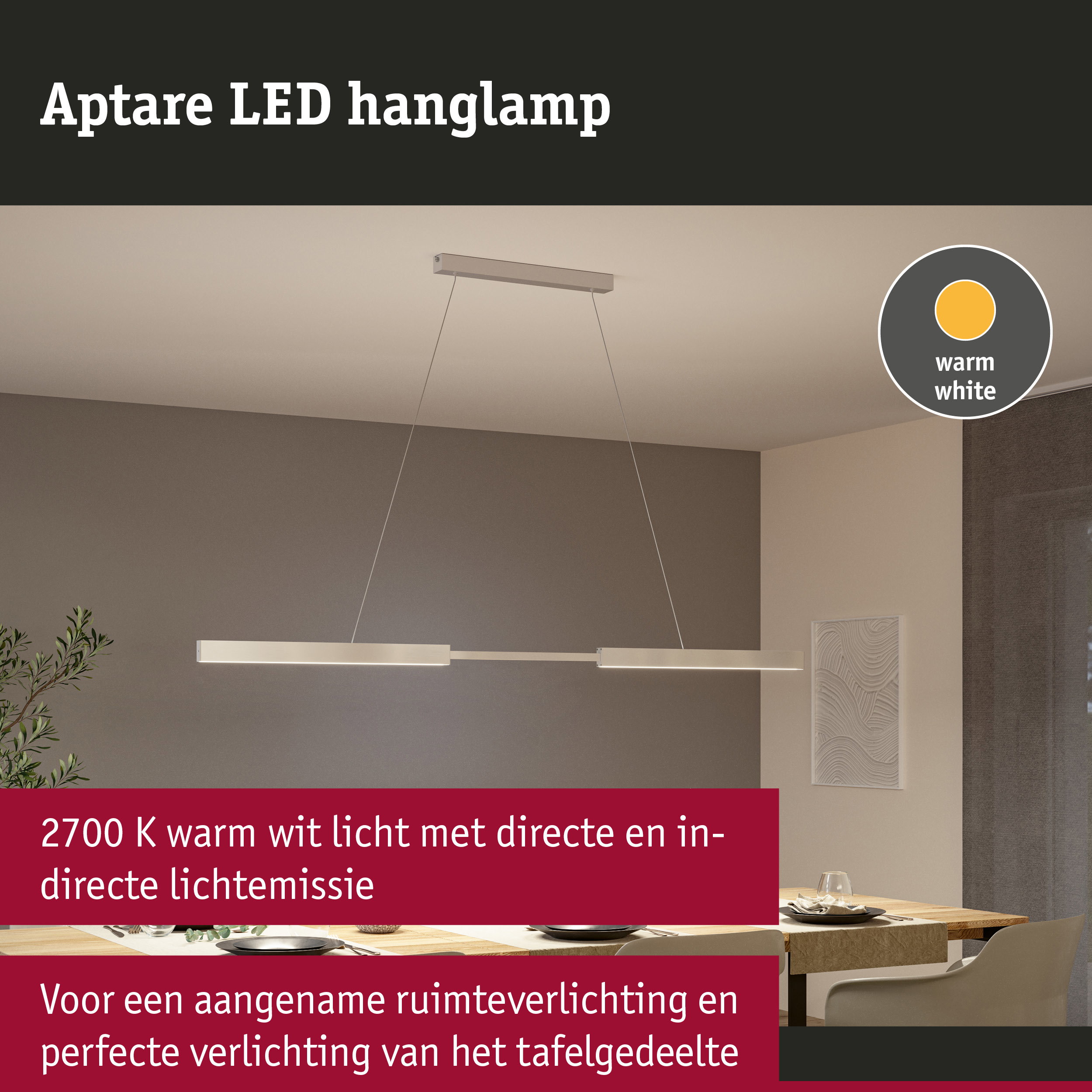 Moderne Aptare LED hanglamp in warm wit met aluminium behuizing boven eettafel