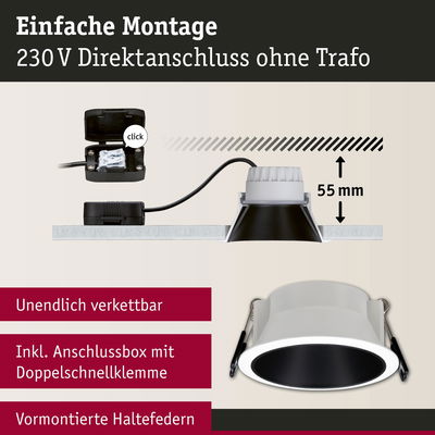 Einbau-LED-Spot in Weiß und Schwarz mit 55 mm Einbautiefe, einfache Montage ohne Trafo, Anschlussbox inklusive