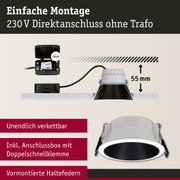 Schwarzer und weißer Einbaustrahler mit Anschlussbox und Doppelschnellklemme für 230V Direktanschluss