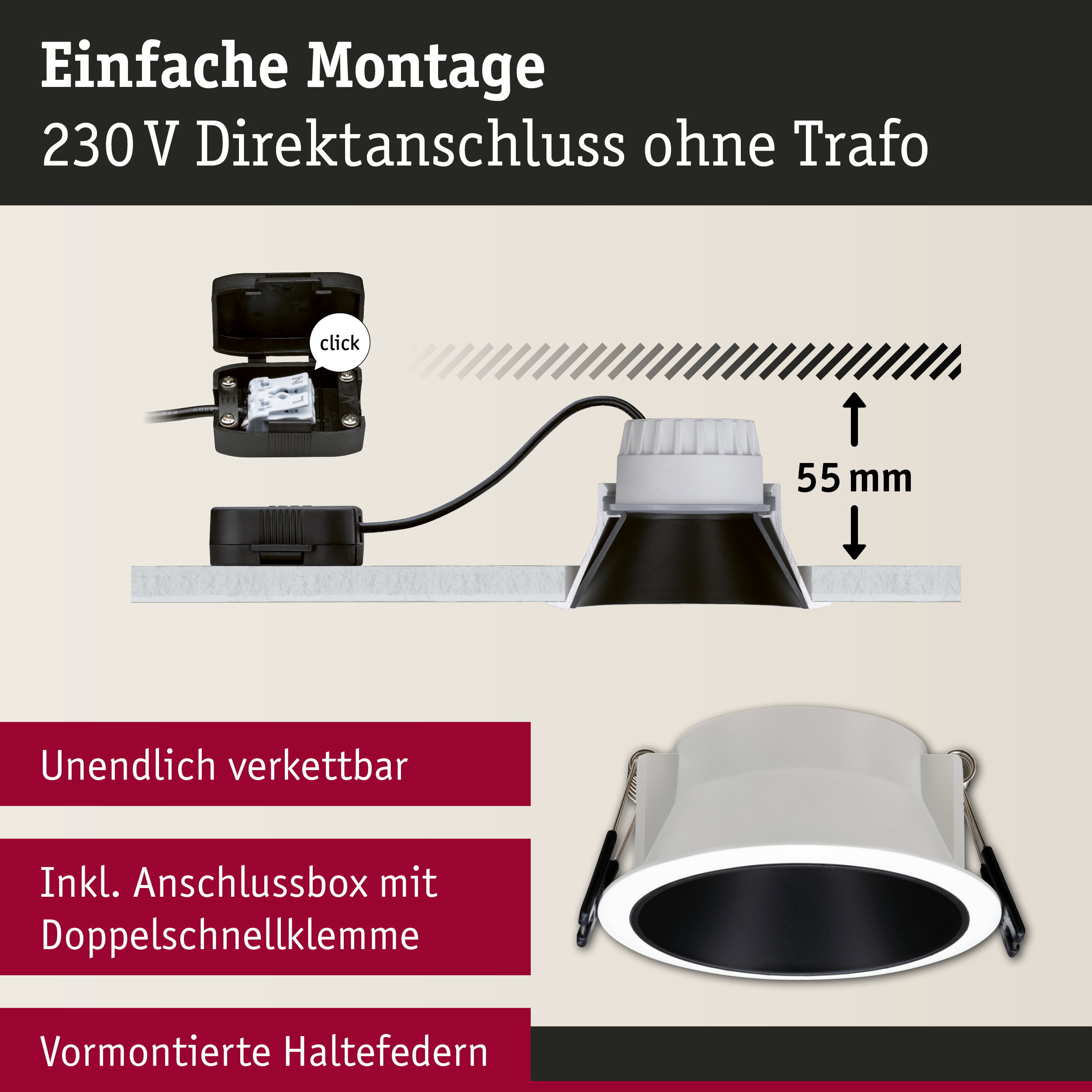 Schwarzer und weißer Einbaustrahler mit Anschlussbox und Doppelschnellklemme für 230V Direktanschluss