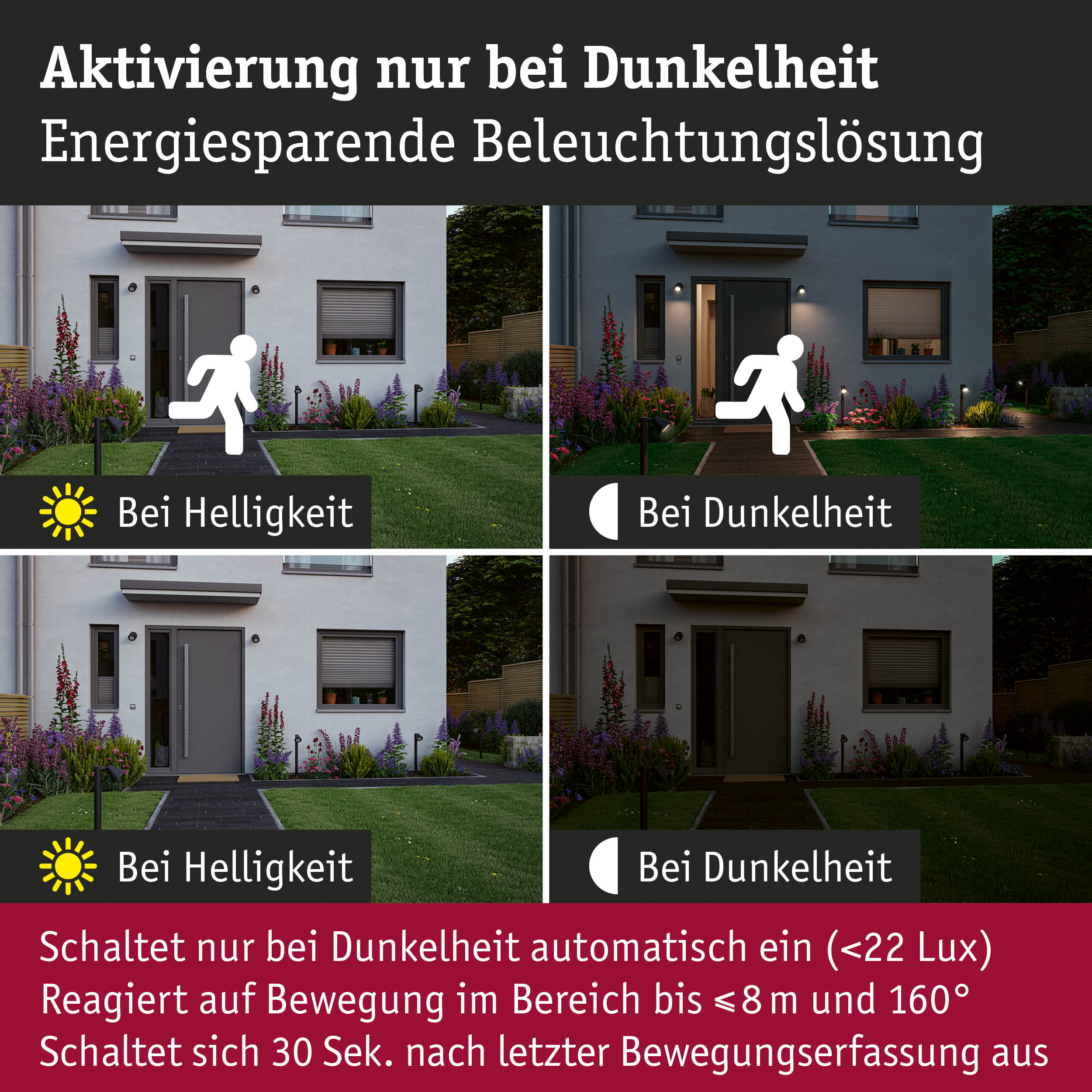 Vergleich Tag- und Nachtansicht eines Hauses mit energiesparender Bewegungsmelder-Beleuchtung außen