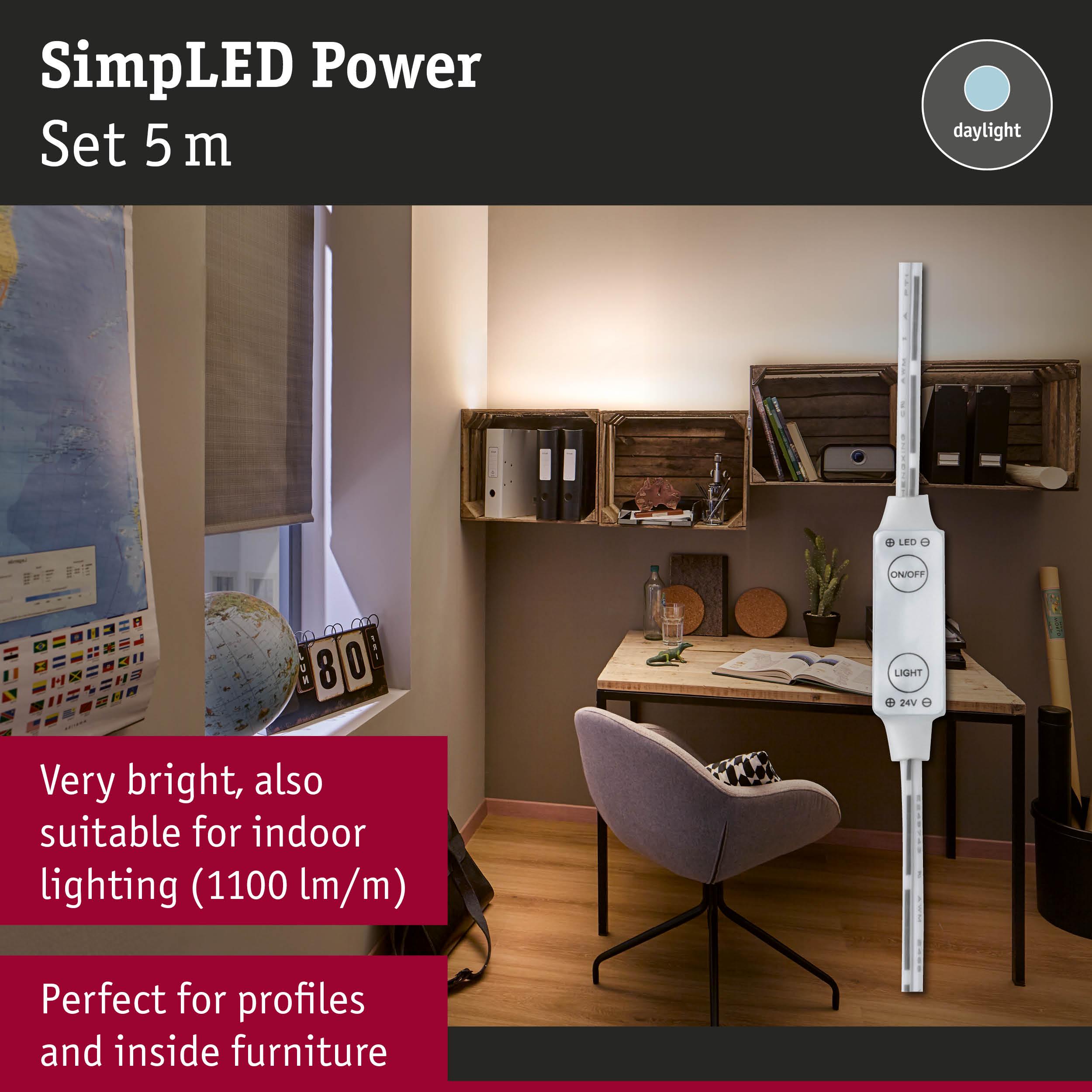 SimpLED Power 5m daylight white LED strip, very bright for indoor lighting and furniture profiles