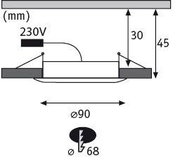 Technical drawing of round LED recessed light with 90 mm diameter and 230V connection