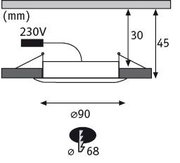 Schéma technique d'un spot LED encastré rond de 90 mm de diamètre avec connexion 230V