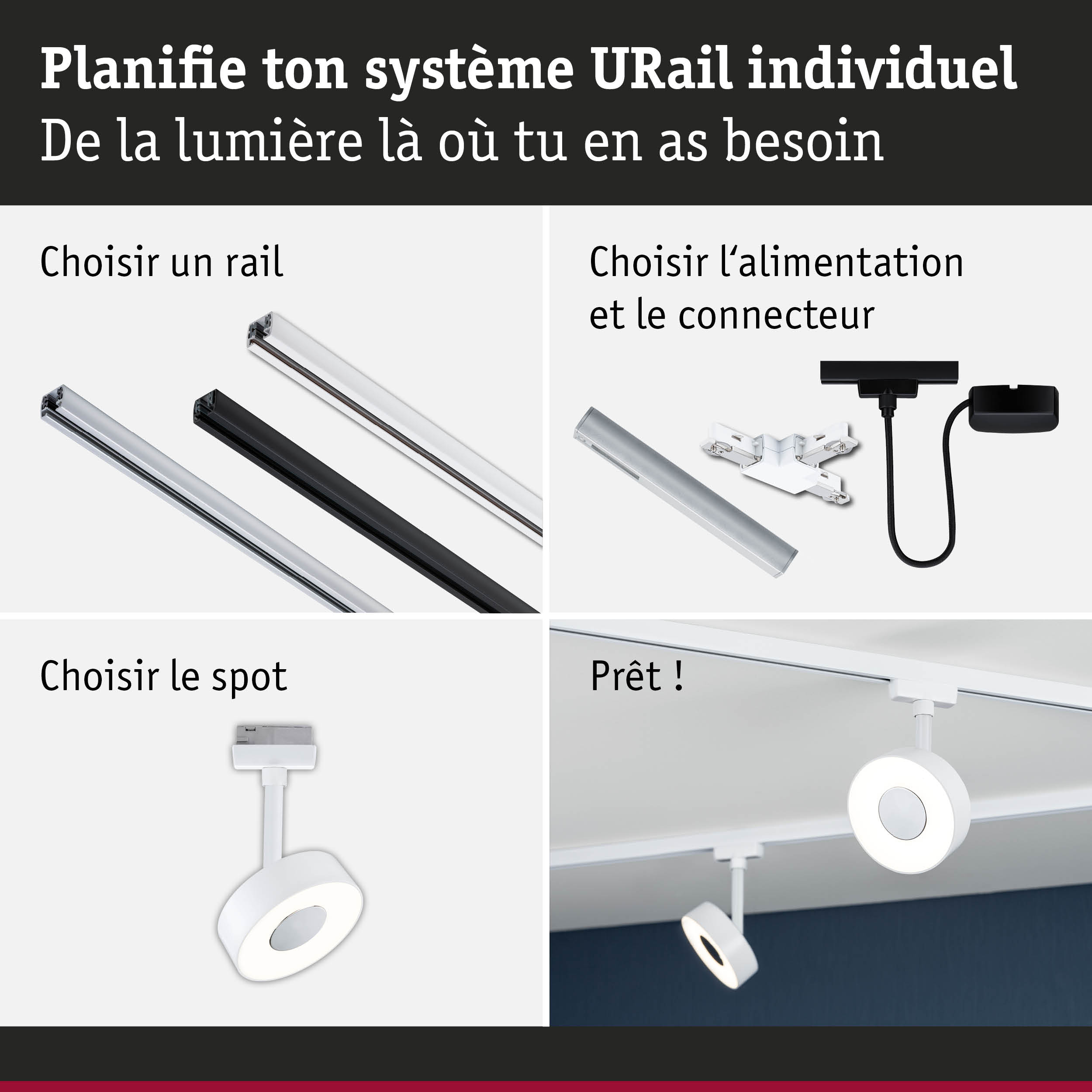 Système de rail modulaire URail en aluminium noir et blanc avec spots LED blancs pour éclairage flexible