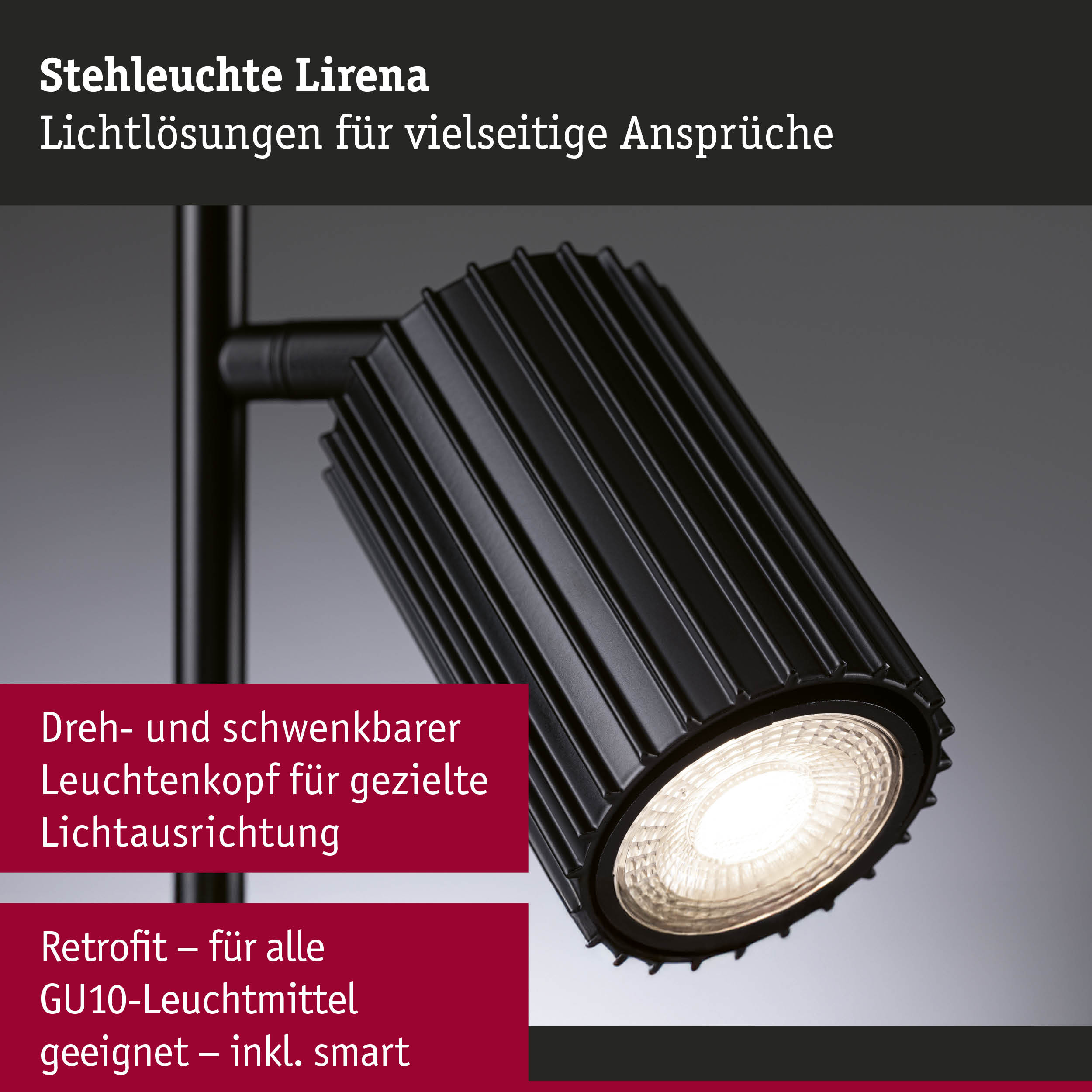 Stehleuchte Lirena in mattem Schwarz mit dreh- und schwenkbarem Leuchtenkopf für gezielte Lichtausrichtung