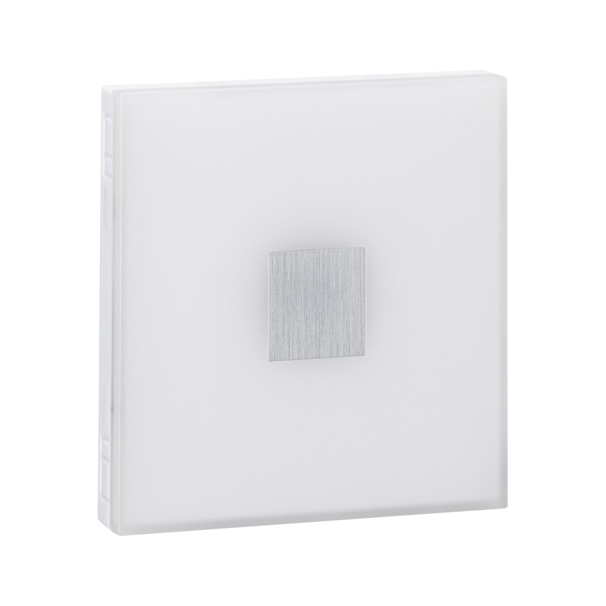 Square wall light switch in white plastic with brushed aluminum button for modern lighting control