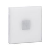 Square wall light switch in white plastic with brushed aluminum button for modern lighting control
