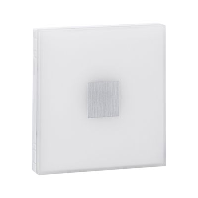 Square wall light switch in white plastic with brushed aluminum button for modern lighting control