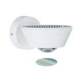 White metal wall spotlight with round base and integrated lens for focused lighting