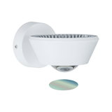 White metal wall spotlight with round base and integrated lens for focused lighting