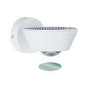 Witte metalen LED-wandspot met ronde basis en lens voor gerichte verlichting