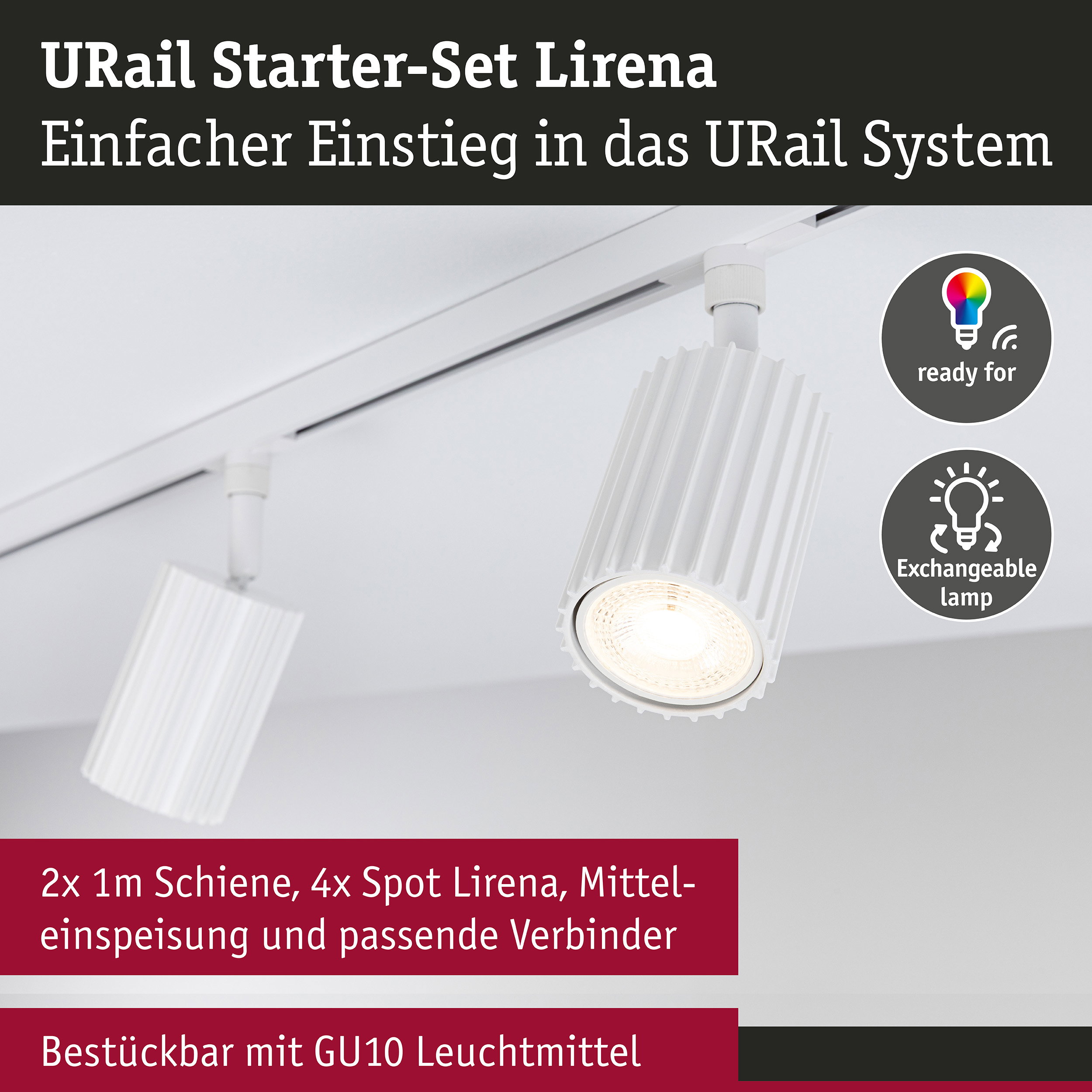 URail Schienenspot Lirena Starterset Mitteleinspeisung GU10 max. 10W 230V Signalweiß
